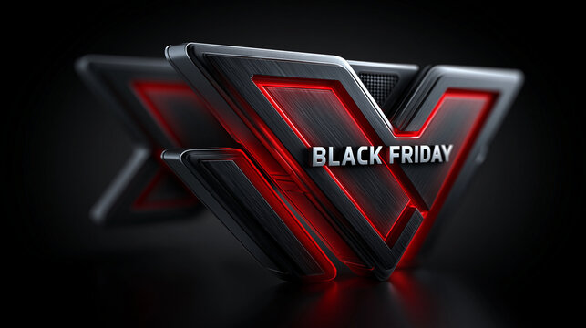 Ein dreidimensionales schwarzes Dreieck mit roter Beleuchtung und dem Schriftzug &bdquo;Black Friday" auf dunklem Hintergrund.