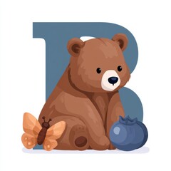 Obraz premium This illustration features a lovable flat cartoon bear a delicate butterfly and a round blueberry together forming a creative letter B alphabet tile.
