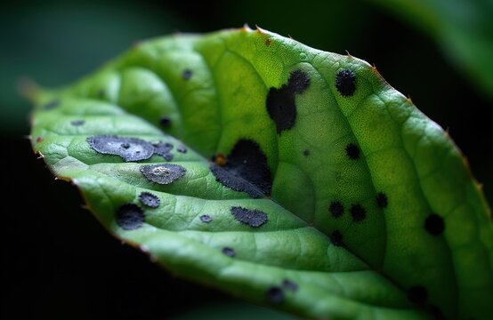 Macro photo green leaf shows black spots fungus damage. Texture detail reveals unhealthy plant sickness with holes and decay. Botany science nature close-up.