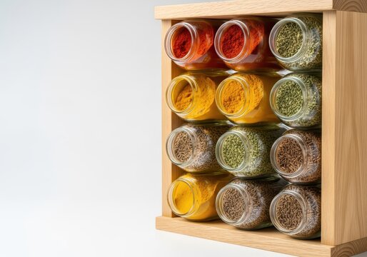 A beautifully organized wooden spice rack filled with various glass jars containing dried herbs and flavorful ground spices, ready for cooking preparation, modern, wooden, pepper