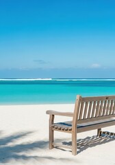 Fototapeta premium A serene wooden bench awaits relaxation on a pristine white sand beach, offering breathtaking panoramic views of the turquoise ocean and bright blue sky, dreamy, exotic, tranquil