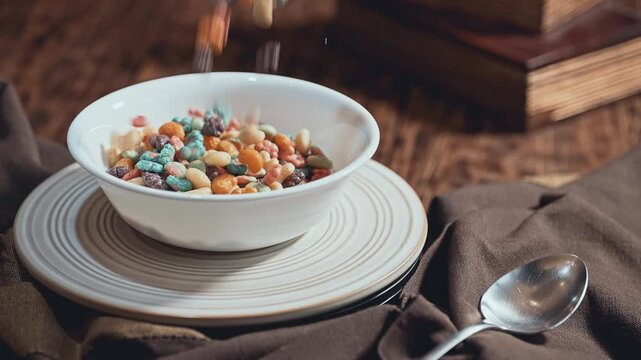 Pouring Colorful Fruit Cereal into White Bowl on Rustic Wood Table