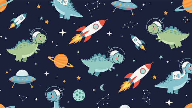 Playful seamless pattern for kids featuring dinosaurs in astronaut suits exploring space with rockets and planets.