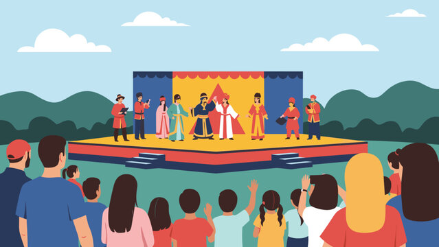 Large group of diverse people watching a traditional theatrical performance on an outdoor stage in a beautiful public park.