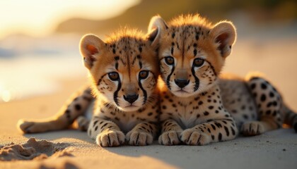 Obraz premium Two baby cheetahs rest on sandy beach near ocean water. Cute spotted cubs lie together in warm sunlight. Wild young cats lounge by sea shore.