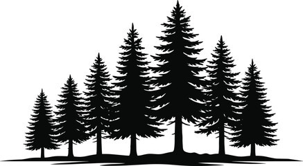 Fototapeta premium Pine trees forest black silhouette icon isolated on plain white background for outdoor adventure and nature environmental design