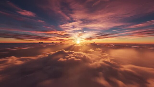Breathtaking aerial view of a vibrant sunset above the clouds.