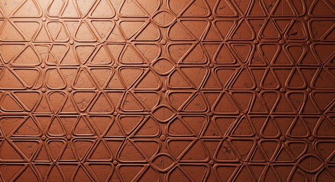 Abstract repeating geometric design impressed deeply into a raw reddish-brown ceramic clay surface, providing a detailed rustic texture background, surface, art, terracotta