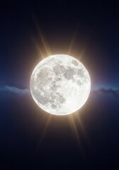 Obraz premium Bright full moon suspended in the dark expanse of the cosmos, illuminated dramatically by powerful beams of distant solar radiation, contrast, shadow, planetary
