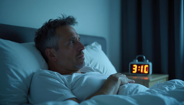 Man lies awake in bed at 3 AM. He looks troubled, unable to sleep. This scene represents stress, anxiety, and the struggle with sleeplessness.