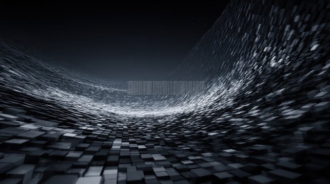 Abstract 3D Cubes Landscape, Digital Art, Dark Futuristic Background