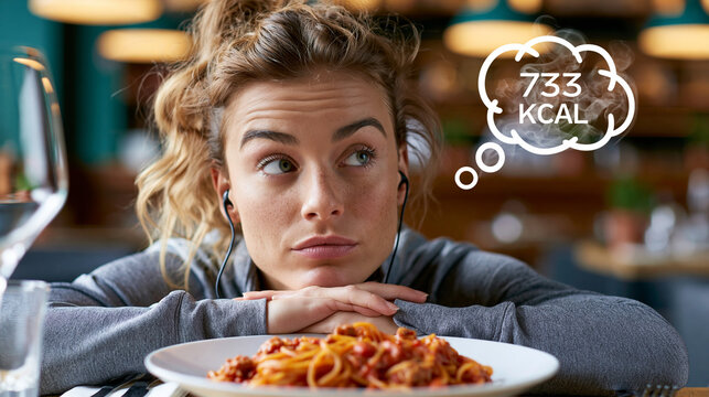 Eine Frau sitzt nachdenklich vor einem Teller Spaghetti und schaut auf eine eingeblendete Gedankenblase mit der Kalorienangabe 733 kcal.