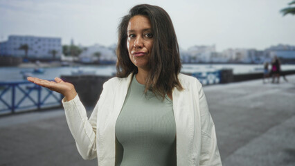 Fototapeta premium Woman presenting palm up gesture on a seafront street with nearby blue railing and boats; doubt curiosity.
