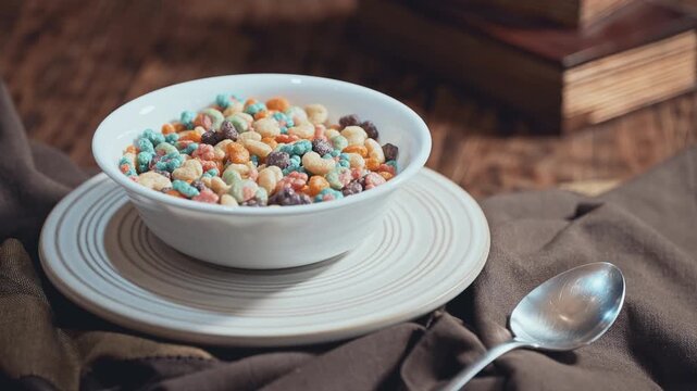 Macro Shot of Colorful Fruit Cereal Rings in Milk 