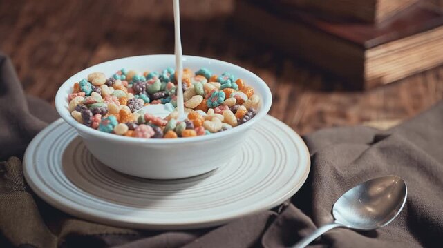 Pouring Milk into Bowl of Colorful Fruity Cereal on Rustic Table