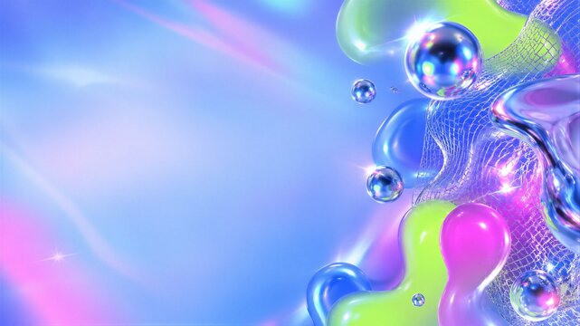 Abstract y2k background with liquid neon shapes and metallic spheres. Glossy futuristic composition with glowing bubbles and wireframe textures. Digital art for modern creative design