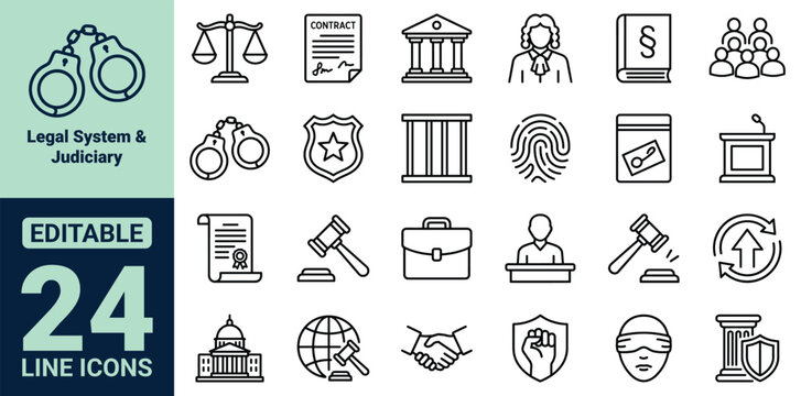Legal System and Judiciary Icon Set Featuring Scales of Justice Gavel Courthouse Judge Law Book Jury Handcuffs Police Badge Prison Bars Fingerprint and Evidence Bag Icons