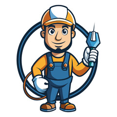 Fototapeta premium Friendly construction worker mascot holding tools in clean vector style. Perfect for construction companies, contractor branding, logos, safety campaigns, and promotional materials.