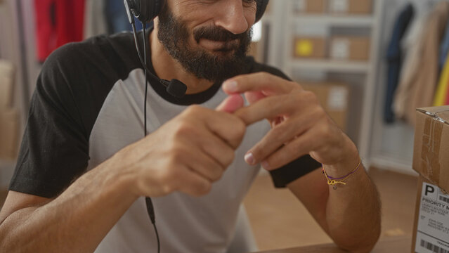 Man packing a parcel with hands and headset while applying label and tape to a cardboard box in a building packing station; focus efficiency.