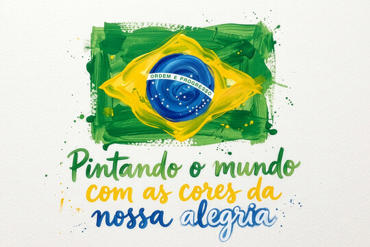 Bandeira do Brasil pintada com tinta e texto "Pintando o mundo com as cores da nossa alegria"