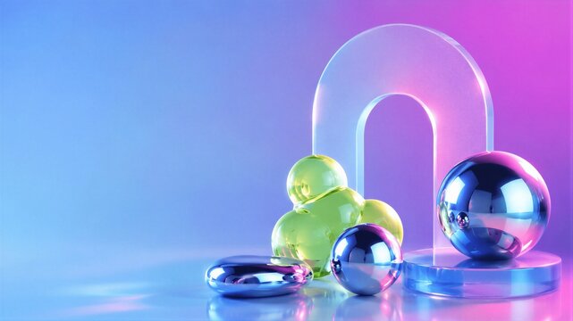 Abstract composition of glass and chrome geometric shapes on gradient background. Futuristic y2k aesthetic with translucent arch, spheres and organic blobs. Modern minimal 3d rendering