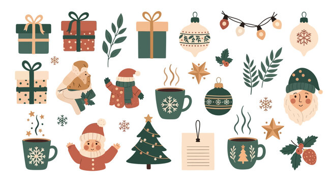 Flat holiday icons set featuring gifts, ornaments, drinks, and festive characters