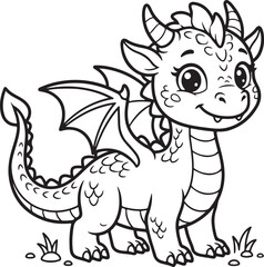 Obraz premium Dragon coloring page. Cute baby dragon line art. Kids mythical creature activity sheet. Vector dragon drawing for children. Black and white fantasy animal. Simple dragon outline for coloring book.