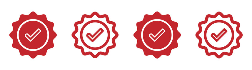 Quality guarantee red vector icon with checkmark symbol. Approving, check, award, winner, trophy, top quality, promotion concept. © Hike Studio 10