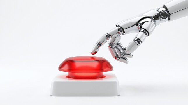 AI taking control concept with a highly detailed robot finger pushing a red panic button.