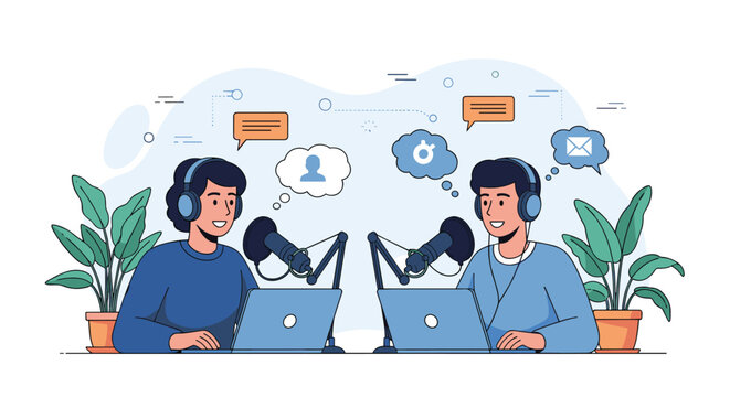 Two cheerful content creators wear headphones and speak into microphones while recording a live podcast in a modern studio.