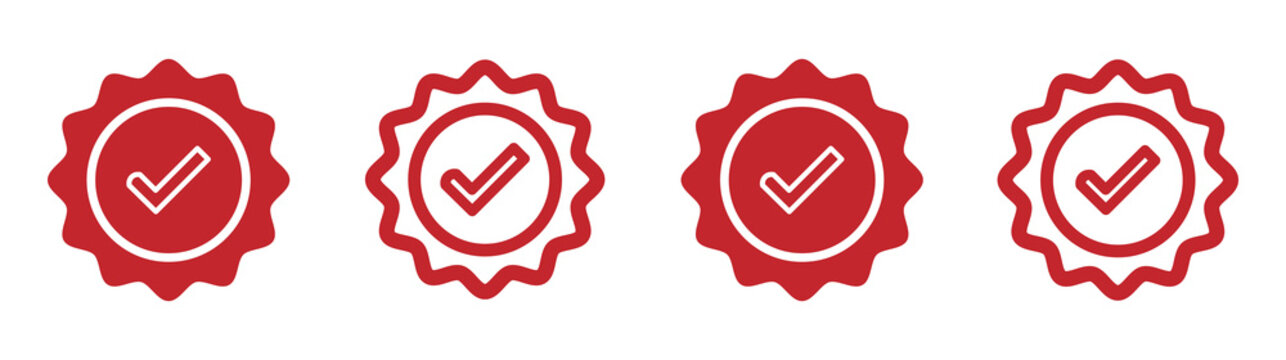 Quality guarantee red vector icon with checkmark symbol. Approving, check, award, winner, trophy, top quality, promotion concept.