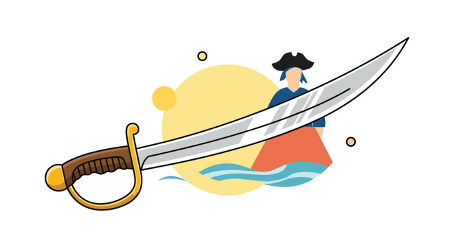 Sharp pirate cutlass sword displayed in front of a pirate captain silhouette and sea waves under a bright yellow sun icon.