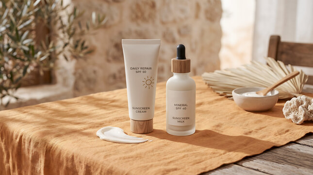 luxury summer skincare still life with elegant sunscreen cream sun doodle beside minimalist SPF bottle on muted saffron linen textured background