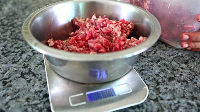 Person weighing raw dog food for a BARF diet