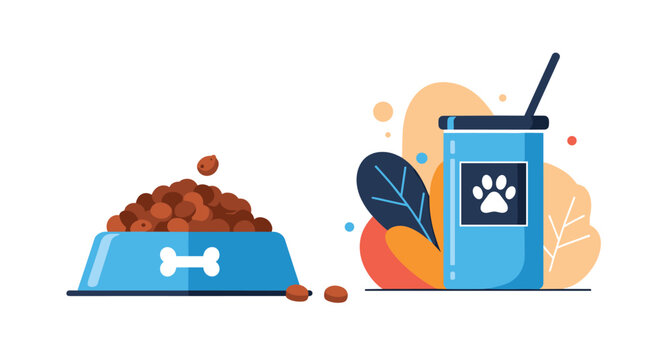 Blue pet food bowl filled with dry kibble sits next to a container of dog treats decorated with a white paw print.
