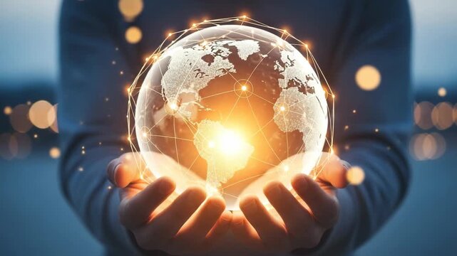 Hands holding glowing digital earth globe