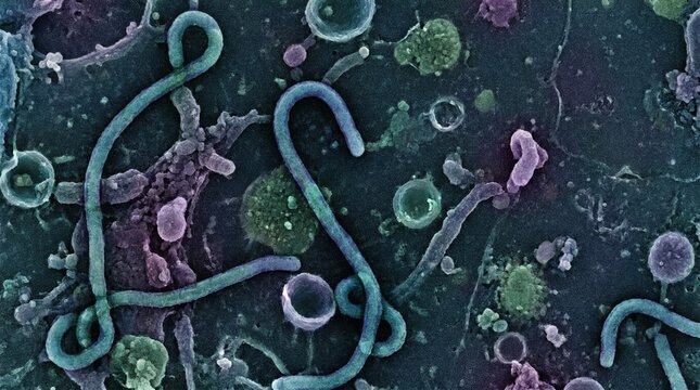 Colorized scanning electron micrograph of ebola virus particles