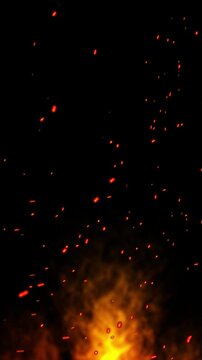 Fire embers particles over black background, Fire flames burning realistic fire particles and smoke overlay background Flying sparks and embers from a fire, Abstract dark glitter fire particle lights