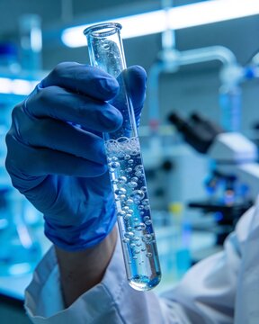 Scientist holding a bubbling test tube in a futuristic laboratory.