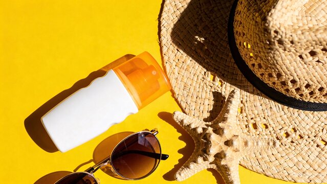 Summer beach essentials on a bright yellow background