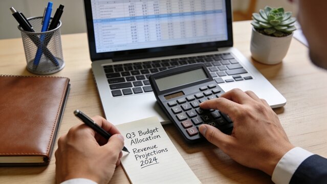 Professional managing finances with calculator and financial documents.
