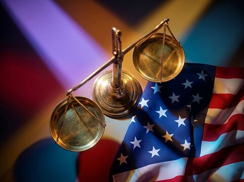 American justice and constitutional law concept. Legal authority, court decisions, democracy, government power, and the rule of law in the United States