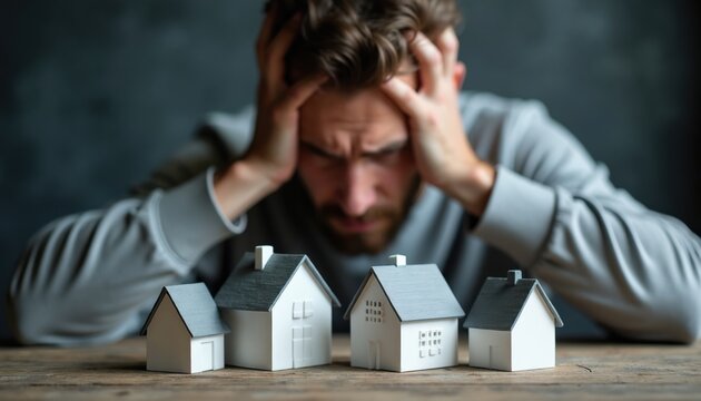 Man with hands on head, looks at house models. Frustrated person faces housing finance problems and worries about mortgage and future home purchase decisions.