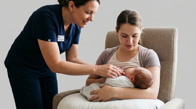 A lactation consultant helps a young mother correctly attach her baby to the breast, professional atmosphere, high-quality, clear and detailed photo, isolated background.