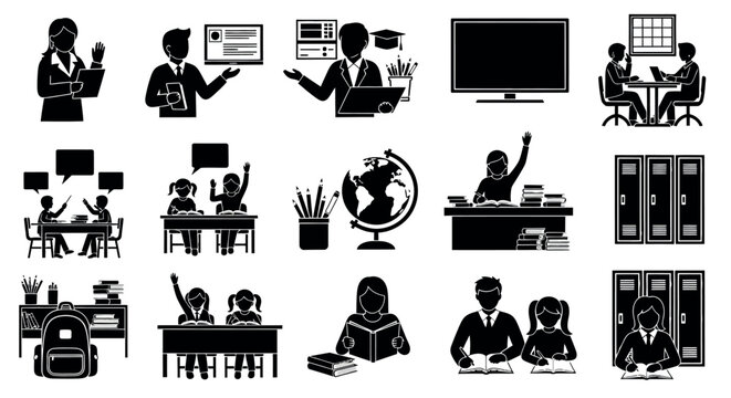 School education and classroom learning activities silhouette elements set