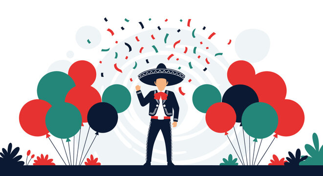 Festive Mexican man wearing a traditional mariachi hat and costume celebrating with colorful balloons and confetti during a holiday.