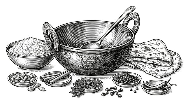 A detailed illustration of Indian cooking ingredients and utensils, including a karahi, spices, and naan bread.