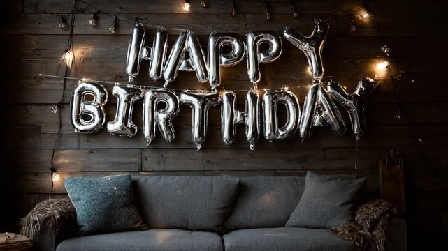 Happy birthday foil balloon sign above sofa against wooden wall