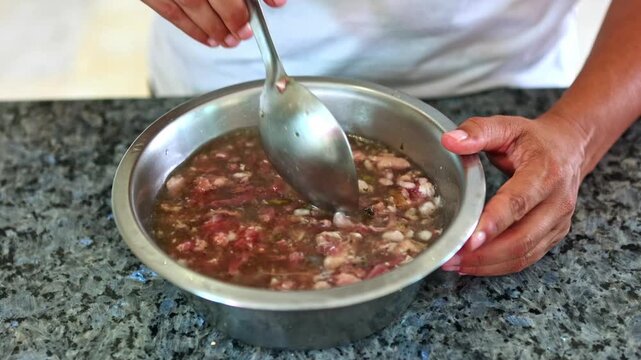 Person preparing raw BARF diet dog food