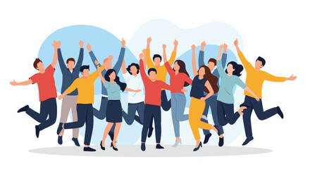 Obraz premium Large group of diverse and happy young people jumping in the air together to celebrate success and achievement against a simple background.